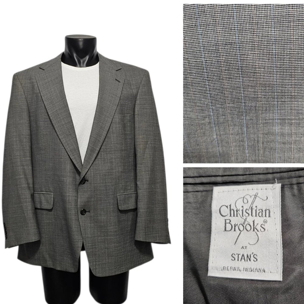 Vintage Christian Brooks Blazer Jacket Sport Coat Size 46R Gray Two Button Front